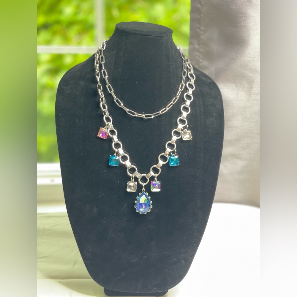 Multi Colored Crystal Double Layered Silver Chunky Necklace 24”